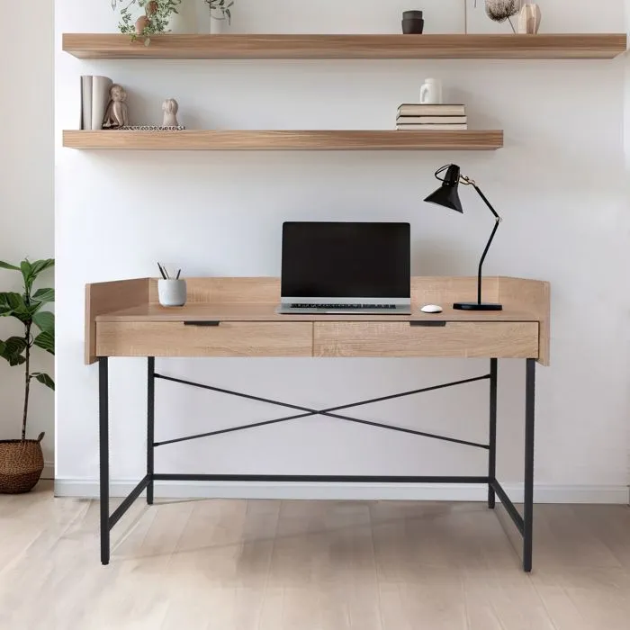 Bureau - Campus - Chêne blanchi et métal noir - Plateau 123x54 cm - Hauteur 76 cm-0