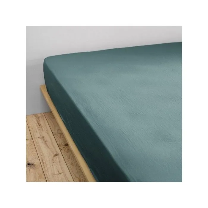 Drap Housse Double Gaze de Coton Bleu canard – 140 x 190 cm – Bonnet 30 cm-1