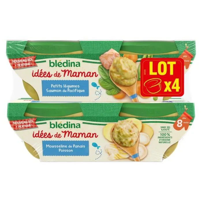 Blédina Idées de Maman, Repas pour bébé dès 8 Mois, Petits Légumes Saumon/ Mousseline de Panais Poisson, 4x200g-0