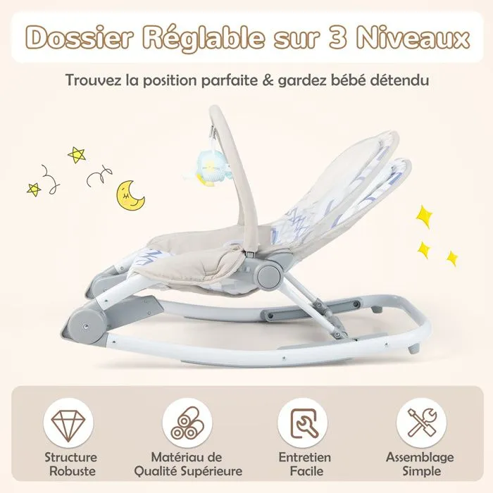 Transat Bébé 2 en 1 COSTWAY-Dossier 3 Positions-Siège Fixe/Bascule en Tissu Amovible Lavable-Arche à Jouets-0 à 6 Mois 9kg-Gris-2