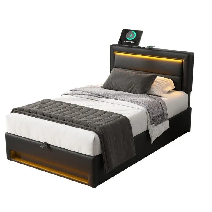 Lit coffre - Noir - 90x200 cm - Similicuir - LED - Ports de recharge USB-1