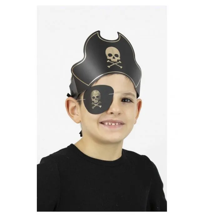 Cache-oeil pirate Party Pro - Lot de 8 en carton noir avec sigle pirate or pour anniversaire enfant-1