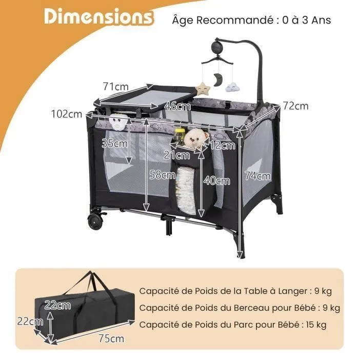 COSTWAY Lit Parapluie Bébé Pliant 4 en 1 avec Matelas,Jouets Suspendus,Boîte à Musique,Table à Langer Amovible 0-3 Ans 15KG Gris-3