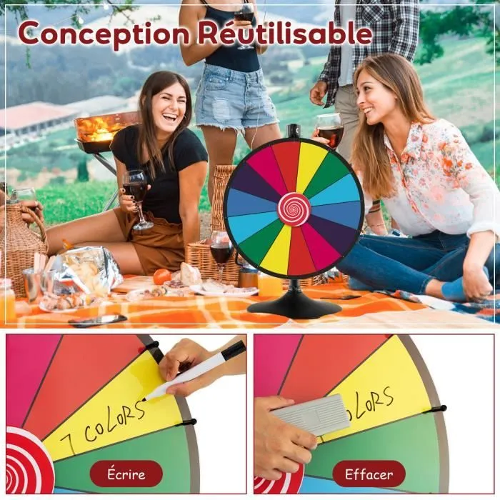 COSTWAY Roue de la Fortune 60CM-Hauteur Réglable 80-148 CM avec Support-14 Fentes Colorées-Marqueur Effaçable à Sec,Gomme-Fête-2