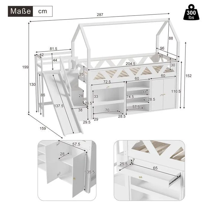 Lit mezzanine - Blanc - 90x200 cm - avec toboggan et escalier - rangement intégré - bois massif-1