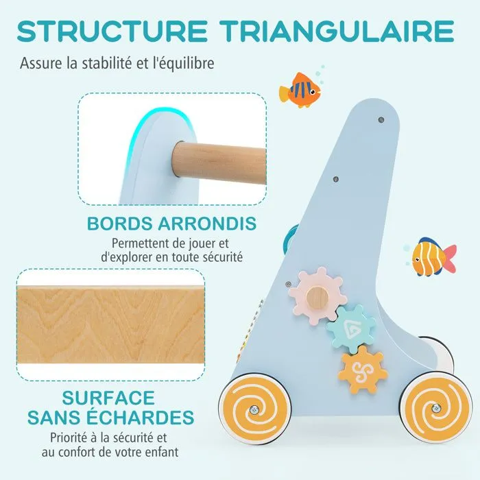 COSTWAY Trotteur Chariot de Marche sur Thème Océan 8 en 1 avec Miroir & Perles & Tambour, Roues, 1an+, Jouet Montessori, Bleu-5