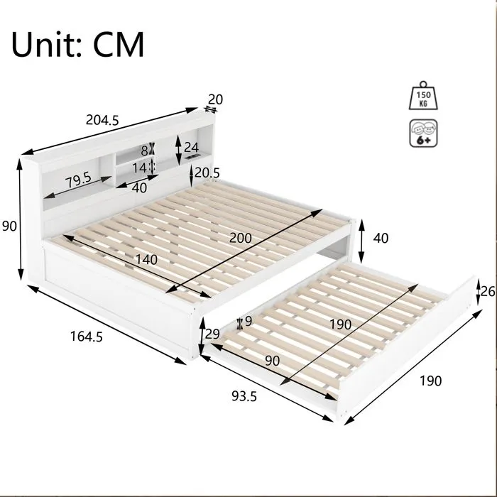 Lit gigogne - Blanc - 140x200cm + 90x190cm - LED, USB, rangement - sans matelas-3