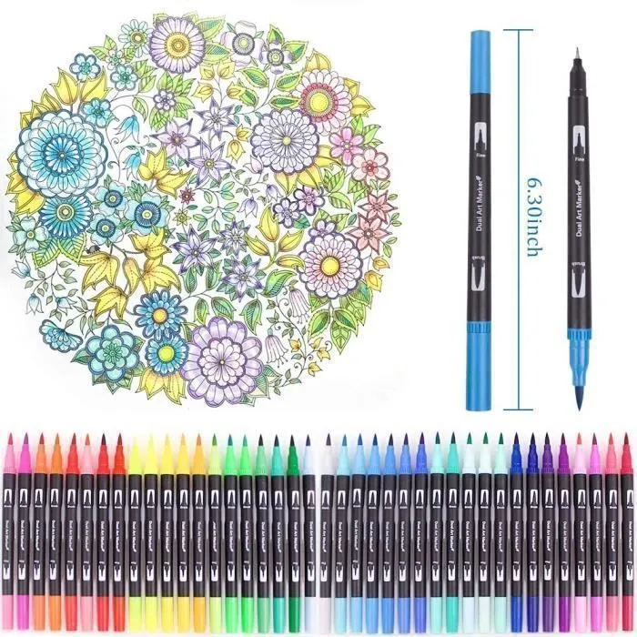 Feutres de Coloriage, 100 Couleurs Art Aquarelle Brosse Pointe Stylos et Pointe Fine pour Adulte Livres de Coloriage, Dessin-2