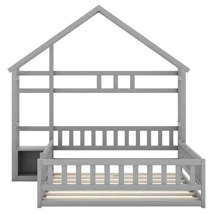 Lit enfant cabane 140x200cm avec une table de chevet et barrières de sécurité - sommier à lattes - Gris-2