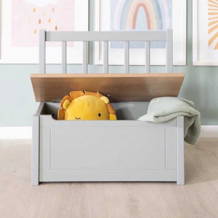 ROBA Banc Coffre à Jouets Woody pour Enfant - Meuble de Rangement en Bois 2 en 1 - Fermeture Douce - Taupe / Aspect Bois-4