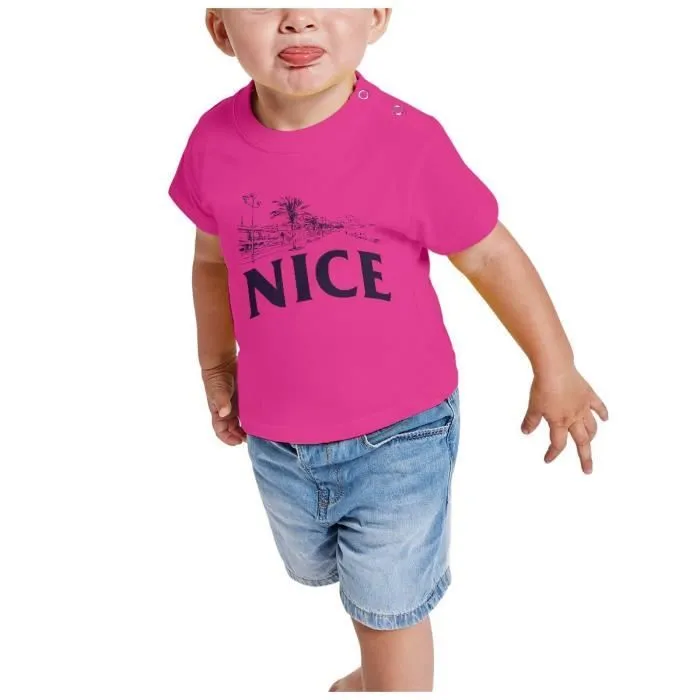 T-shirt Bébé Manche Courte Rose Nice Minimalist Ville France Sud Soleil-1