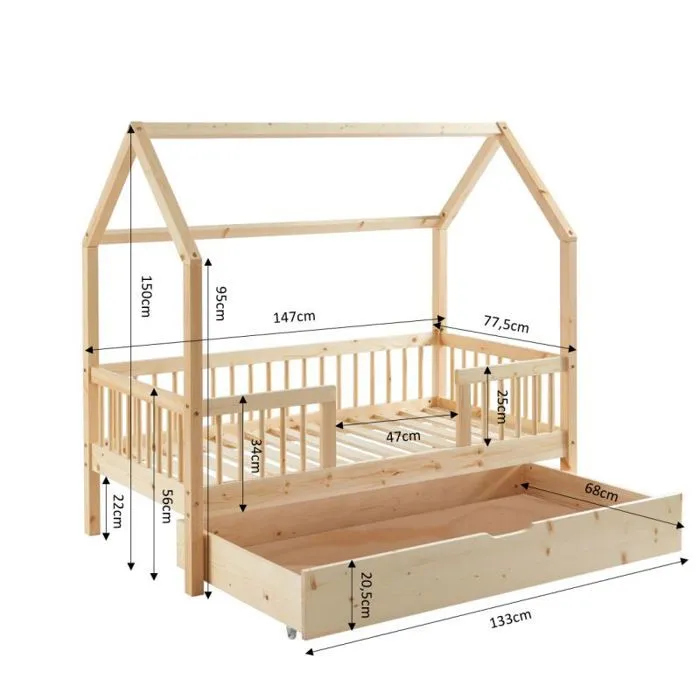 Lit cabane avec barrière et tiroir Safari Beige 70x140 - Laïba Kids-1