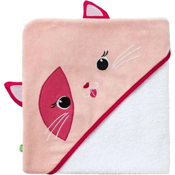 Cape de bain pour bébé - Babycalin - Chat - coton et velours - rose-1