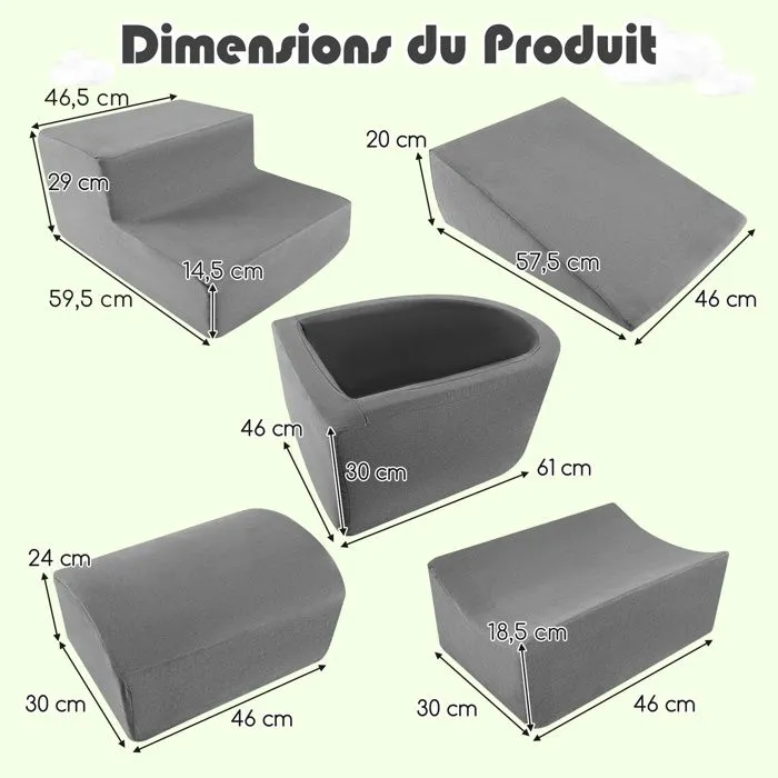 Blocs de Construction en Mousse COSTWAY-pour Enfants de 3+ ans-5 Pièces-Housses Lavables en Machine avec Fermetures Eclair-Gris-3