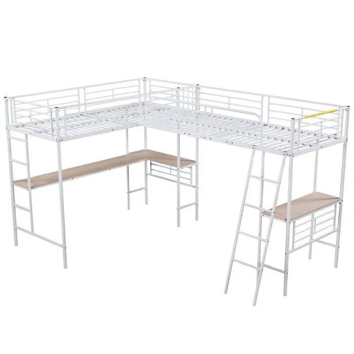 Lit mezzanine - Blanc - 90x200 cm - Métal - Bureau d'angle - 2 places-4
