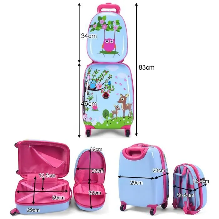 COSTWAY Valise Enfant 16''et Sac à dos 12'' pour Enfants Set Bagage Enfant Trolley à Roulette Bleu Claire Imprimé de Forêt-3
