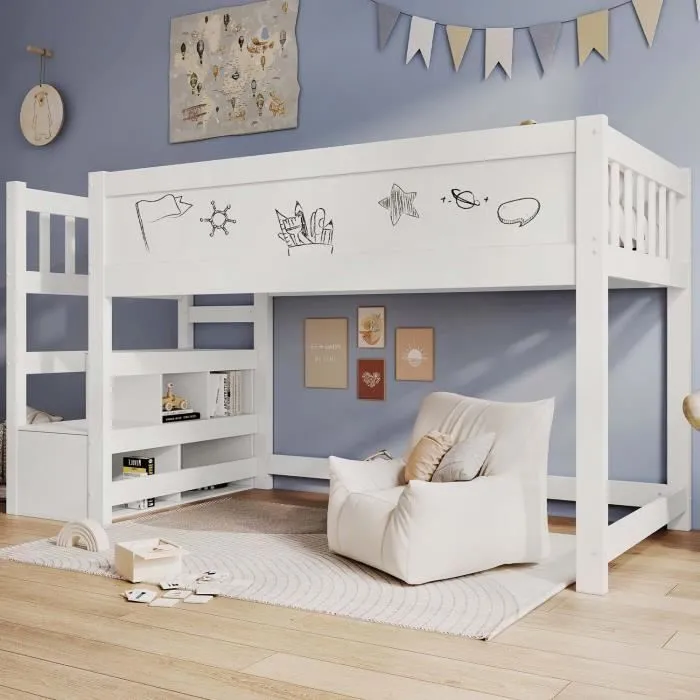 Lit mezzanine enfant MODERNLUXE - Blanc - Tableau noir - Bois de pin - Sommier à lattes - 90x200cm-0