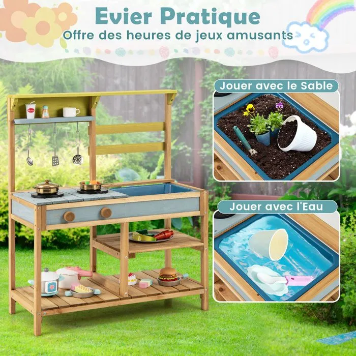 COSTWAY Cuisine Extérieure Dinettes à jouer pour Enfant 3 Ans+ en Bois de Sapin Naturel-1