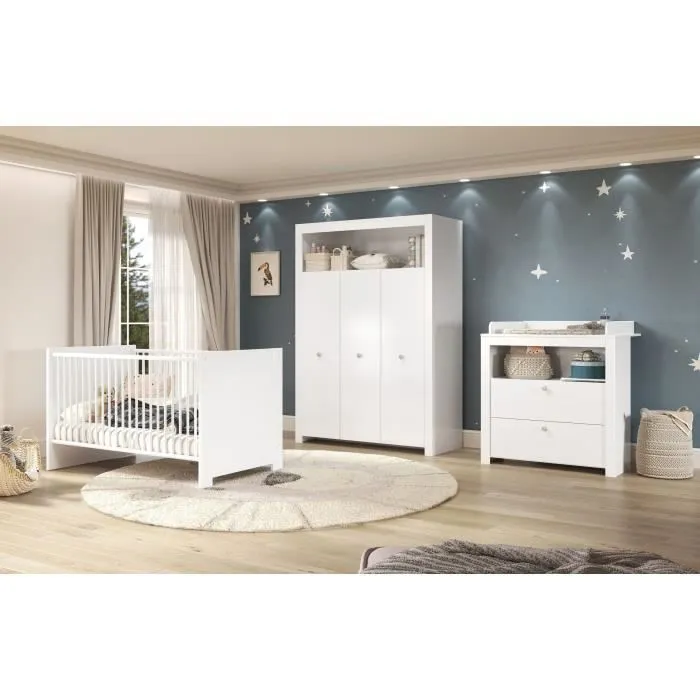 Chambre bébé Trio : Lit 70 x 140 cm + Commode à langer + Armoire OLIVIA - Blanc - TREND TEAM-0