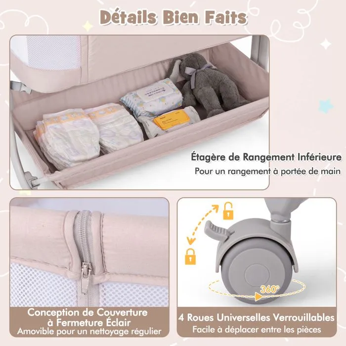 Lit Cododo Bébé avec Matelas 2,5cm COSTWAY-Dès la Naissance-9 kg-6 Hauteurs-4 Roulettes-Portable Pliable-Étagère de Rangement-Beige-2