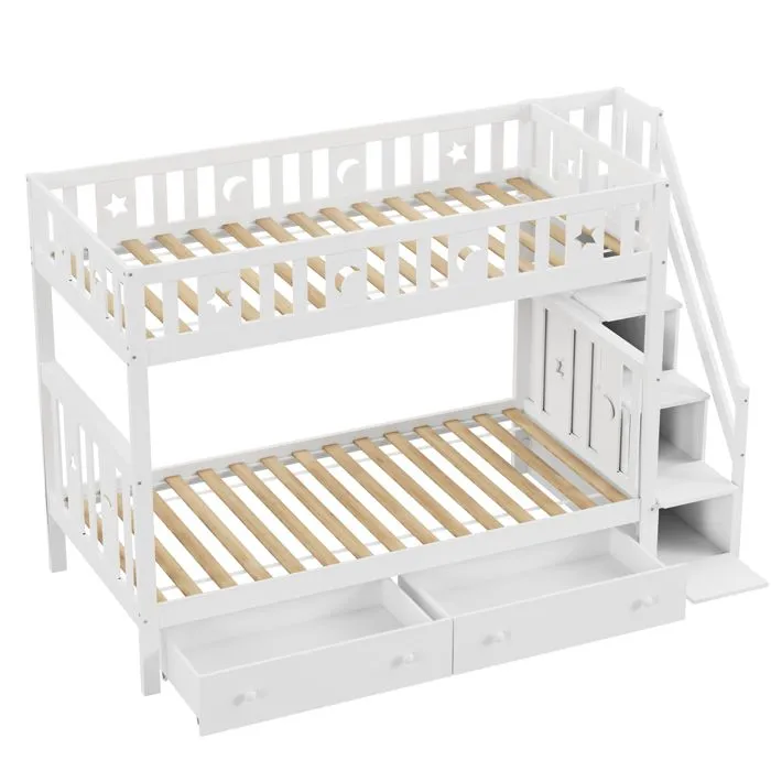 Lit superposé en bois massif  90x200 cm- avec escalier de sécurité - escalier de rangement - 2 tiroirs - sommier à lattes - blanc-2