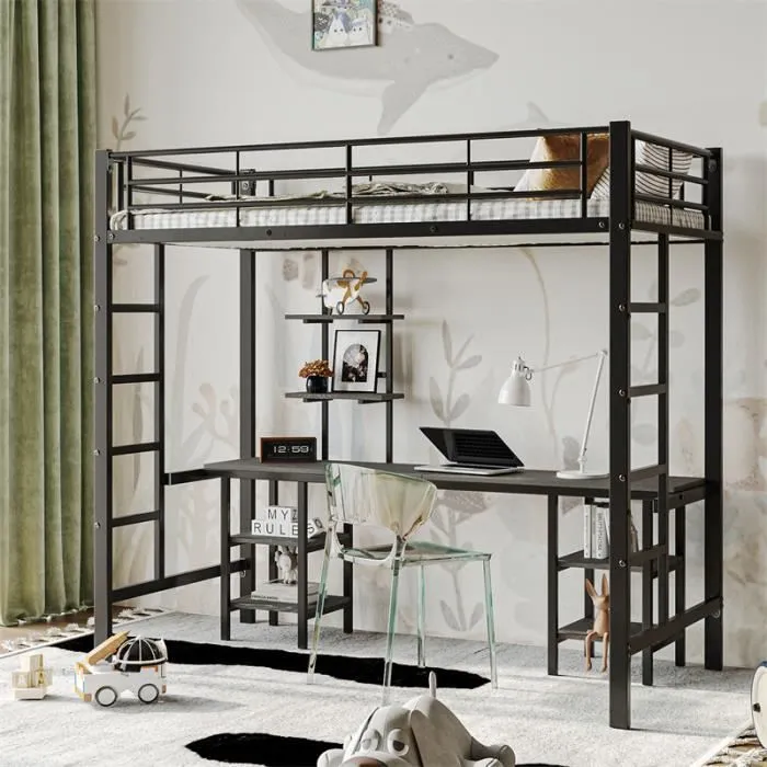 Lit mezzanine - Noir - 90x200cm - Avec table et étagères - Grille antichute - Métal et MDF-0