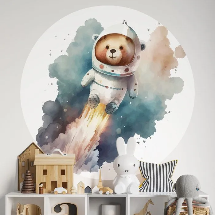 Sticker mural rond - Ourson Cosmonaute - Adhésif BRILLANT - Diamètre 130 cm - Vinyle - Enfant-0