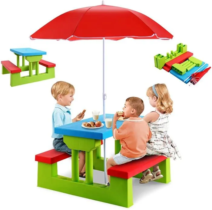 COSTWAY Salon de Jardin pour Enfant Table et 2 Bancs avec Parasol pour Pique-nique Jusqu'à 4 Enfants Vert+Rouge+Bleu-0