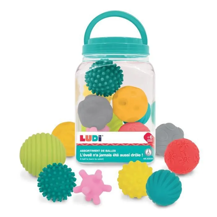 Assortiment de 8 balles d'éveil LUDI - Formes et couleurs différentes - Plastique souple - Dès 6 mois-3