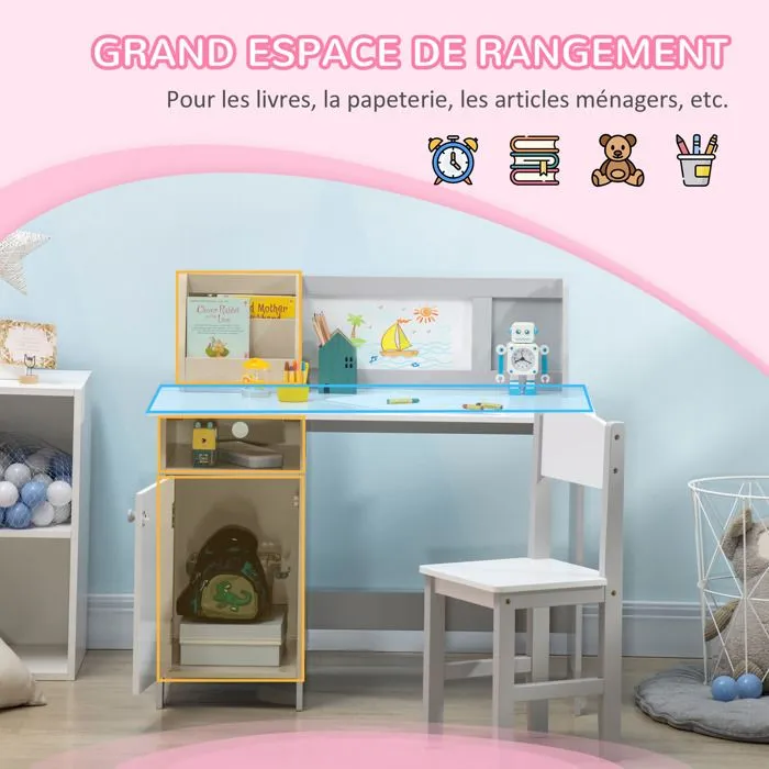 Ensemble table et chaise pour enfant - HOMCOM - avec tableau blanc - bureau pour enfant +5 ans 90L x 45l x 85H cm Gris-4