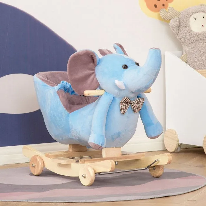 Cheval à Bascule HOMCOM Jouet à Bascule éléphant et Porteur sur roulettes 2 en 1 Fonction Musicale 32 Pistes Ceinture sécurité  Bleu-2