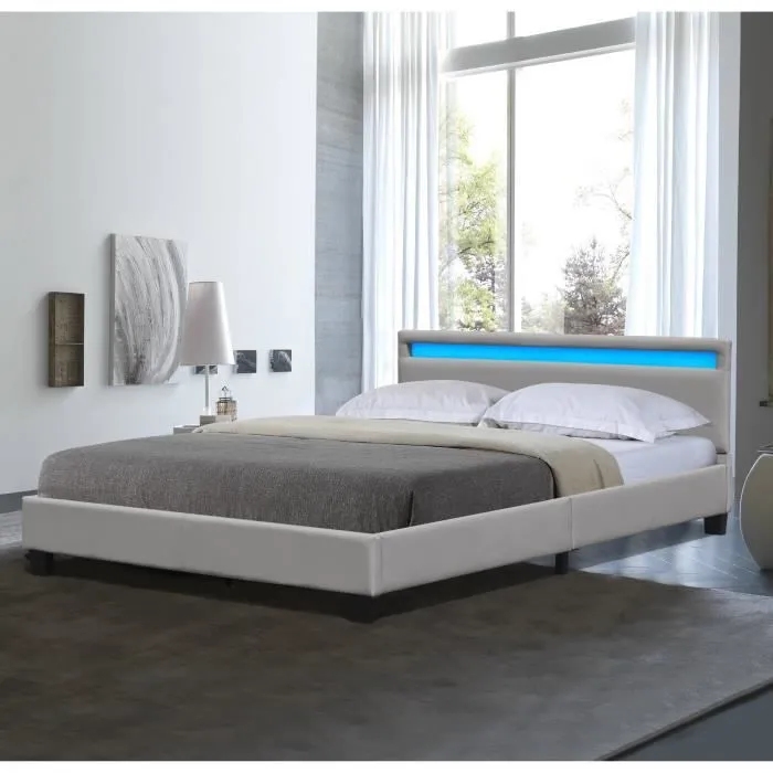 angel - Solide et Confortable Lit 140x190 avec Sommier Tte de Lit avec Eclairage LED Couleur GRIS Pieds en 10 cm p-1