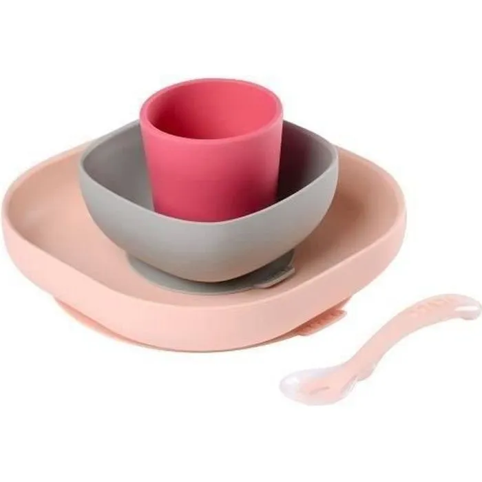 BÉABA - Set Vaisselle Silicone Repas Bébé - Ventouse - Anti-dérapant - 4 Pièces - Rose-0