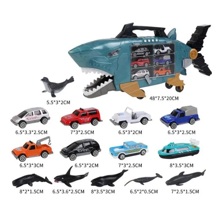 Voiture Enfant Camion Jouet Requin,2 en 1 Camion Transporteur de Voitures avec Mini Voiture,Bateau et Marins Animaux-3