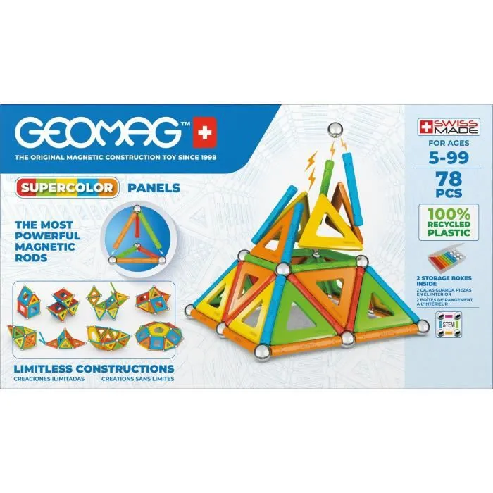 GEOMAG CLASSIC, PANELS SUPERCOLOR 78 pcs, construction magnétique, jeux éducatifs, Jouet pour enfants dès 5 ans, GMS03-1