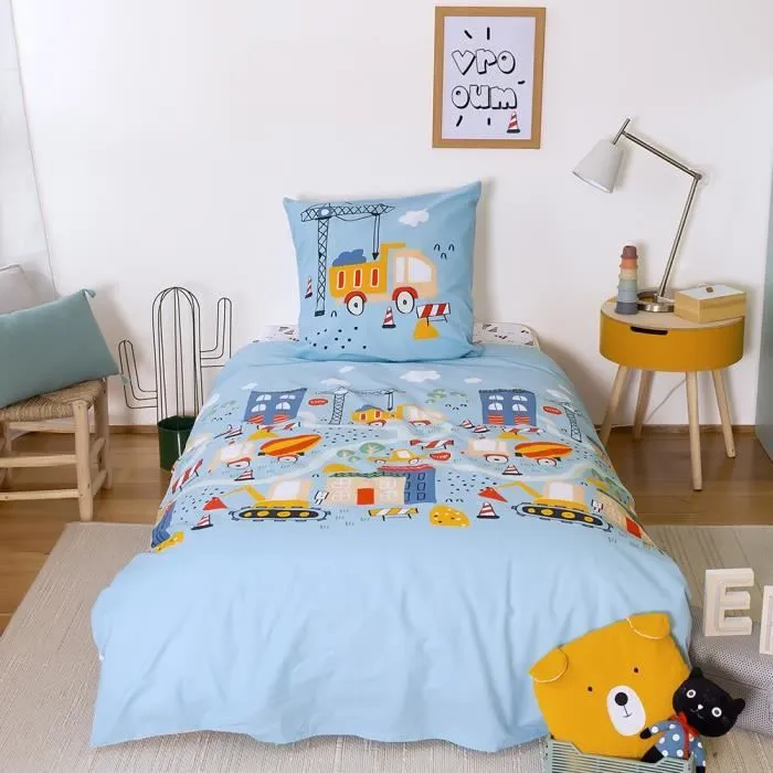 Parure de lit Enfant Réversible Camion et Tracteur Bleu Housse de Couette 140x200cm + 1 taie d'oreiller 63x53cm 100% Coton-1