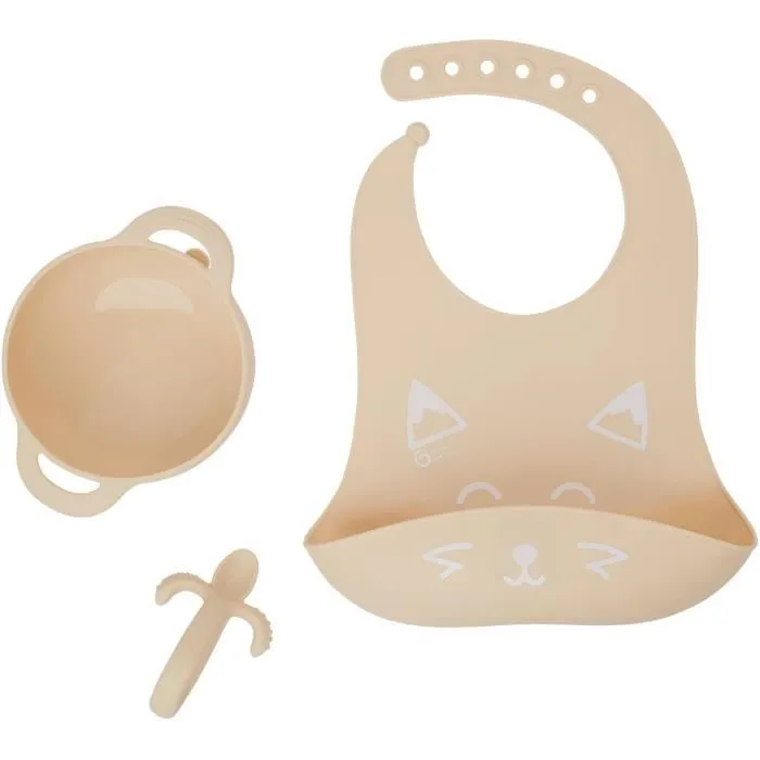 BABYMOOV Kit repas bébé FIRST'ISY bol antidérapant + cuillère ergonomique avec masseur de gencives + bavoir, 6-12 mois, renard-0