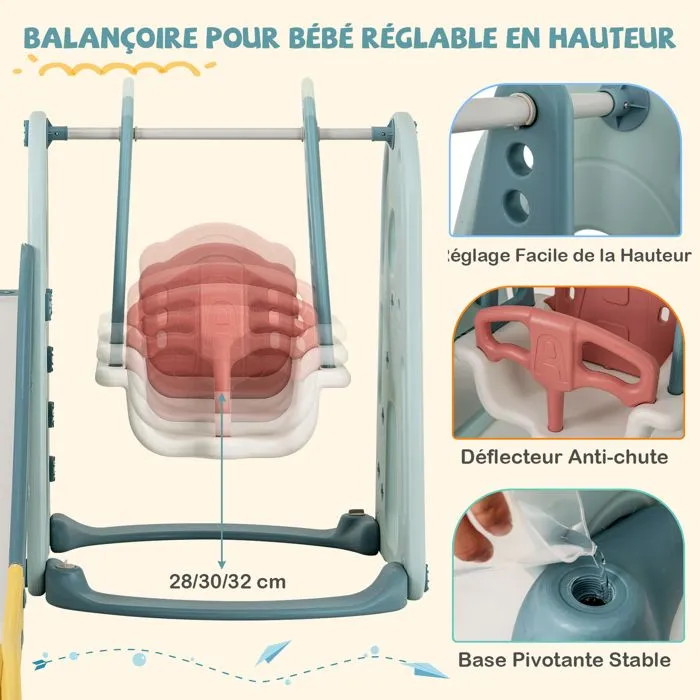 Ensemble de Toboggan pour Enfants COSTWAY-4 en 1-18+ Mois-Balançoire Réglable en 3 Hauteur-Panier et Ballon de Basket-Zone Tampon-2