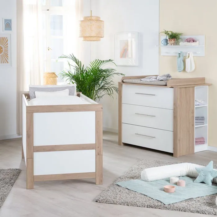 Commode à Langer ROBA - Malo - 3 Tiroirs à Fermeture Douce - Meuble à Langer avec Plan Amovible - Blanc - Chêne Clair-5