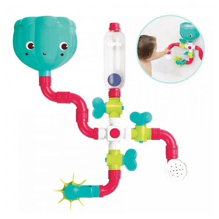 Circuit d'eau à construire LUDI - Jouet de bain pour bébé - 14 pièces à assembler avec moulin et arroseur-1