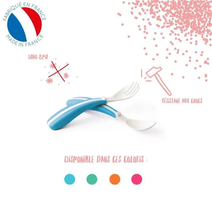 MILL'O BÉBÉ Lot de 2 couverts ergonomiques (cuillère, fourchette) - Blanc grenadine - Sous blister-1