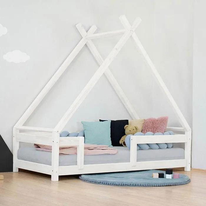 Lit Tipi enfant avec barrière bois massif blanc 80 x 160 cm-0