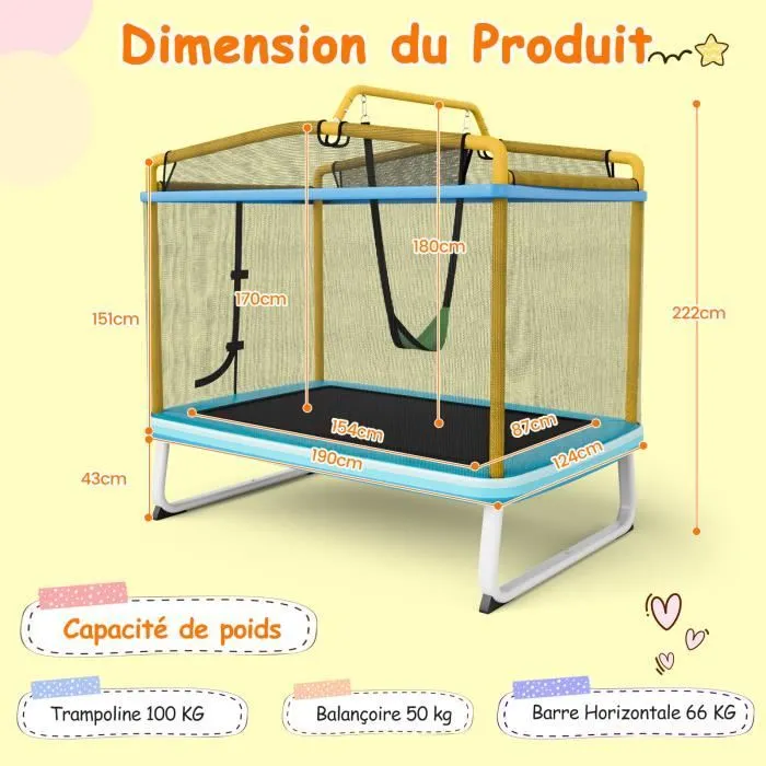 COSTWAY Trampoline pour Enfants Rectangulaire 190 x 124 cm 3 en 1 avec Balançoire,Barre Horizontale,Filet d'Enceinte 100kg Jaune-3