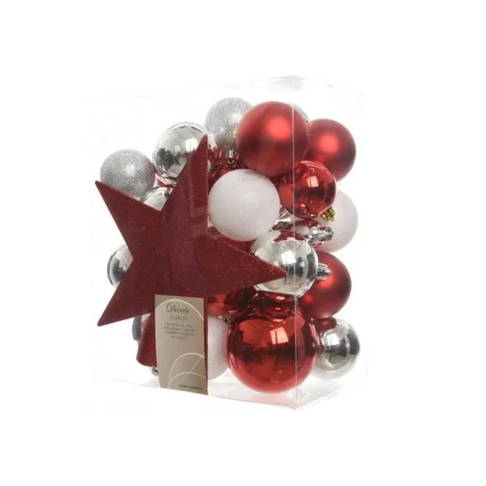 Set de 32 boules de Noël+cimier de sapin coloris-tailles assortis XMAS - Rouge-Blanc-0