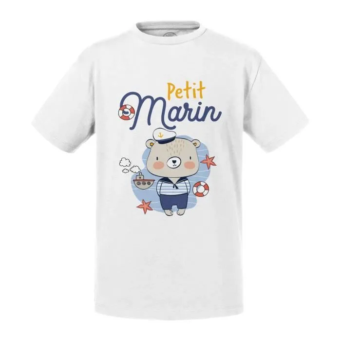 T-shirt Enfant Blanc Petit Marin Dessin Illustration Bateau Mer-0