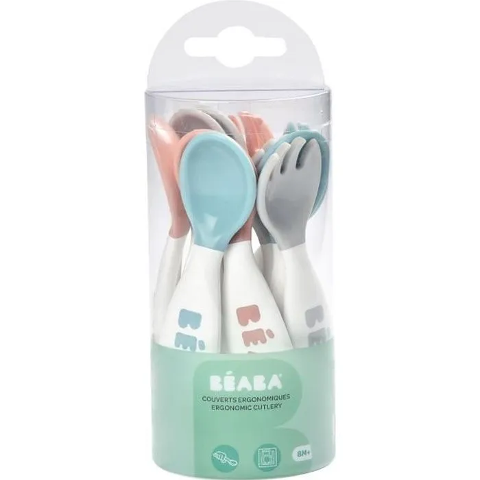 BÉABA, Set Premiers Couverts ergonomiques, 6 Cuillères et 4 Fourchettes, Manche court et arrondis, Prise en main facile pour Bébé-0