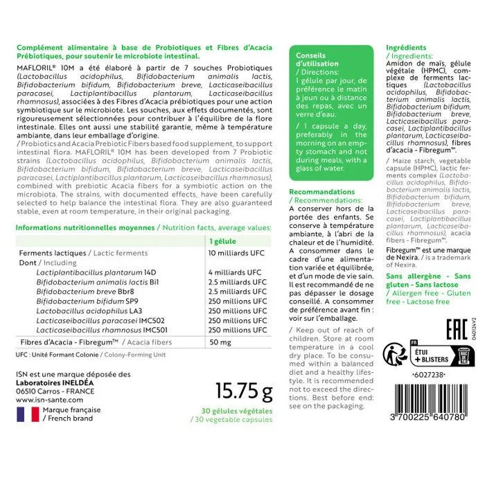 ISN - Mafloril 10M - Complément alimentaire - 7 souches probiotiques + fibres prébiotiques - Soutien du microbiote intestinal - Cure-2