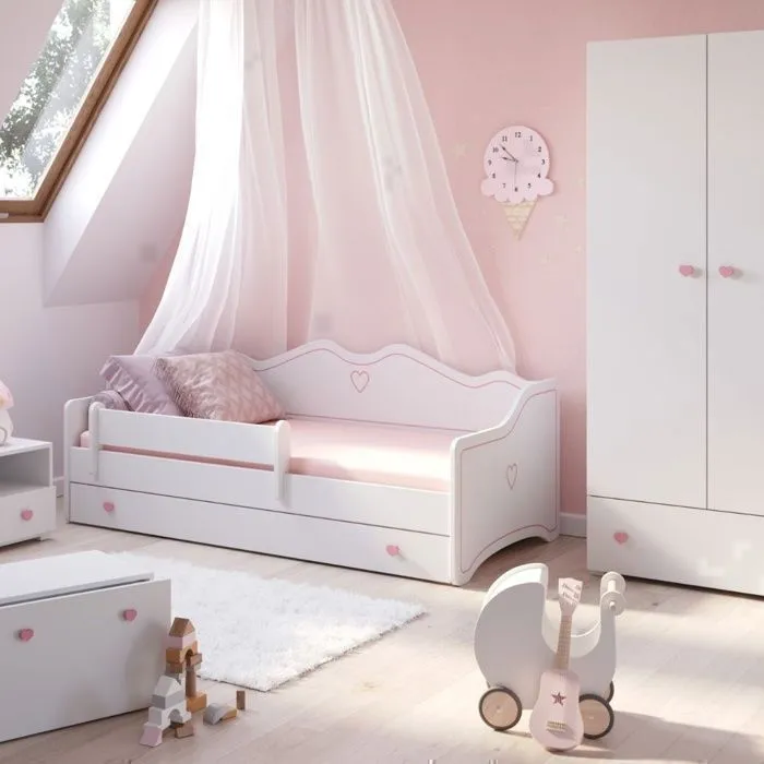 Lit enfant pour une fille Emma  80x160 avec matelas + sommier + tiroir en blanc/rose-5
