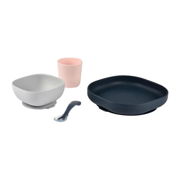 Coffret Repas Silicone - BEABA - Night Blue - Assiette, Bol, Verre, Cuillère - Bébé 4 mois-1