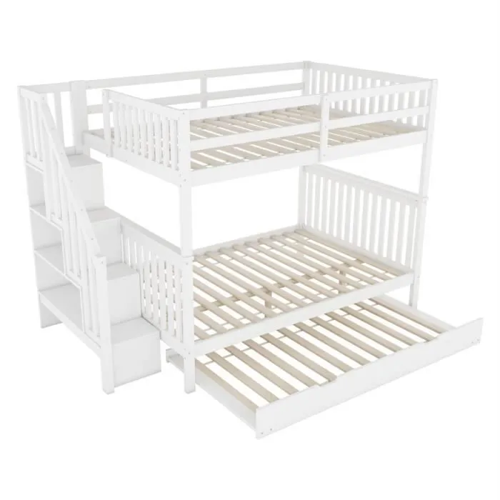 Lit superposé - Blanc - 140x200cm - Lit gigogne 90x190cm - Étagère escalier - Garde-corps hauts-2